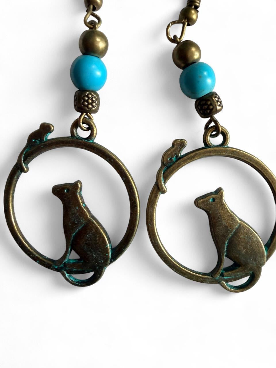 Handmade Bronze Patina Cat Hoop Earrings with Turquoise