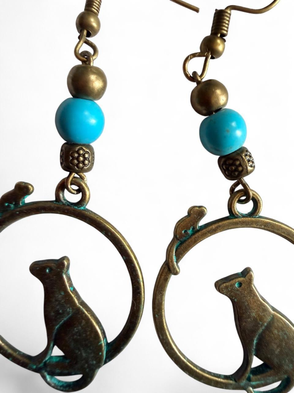 Handmade Bronze Patina Cat Hoop Earrings with Turquoise