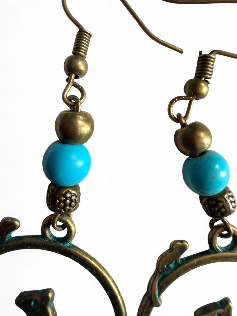 Handmade Bronze Patina Cat Hoop Earrings with Turquoise