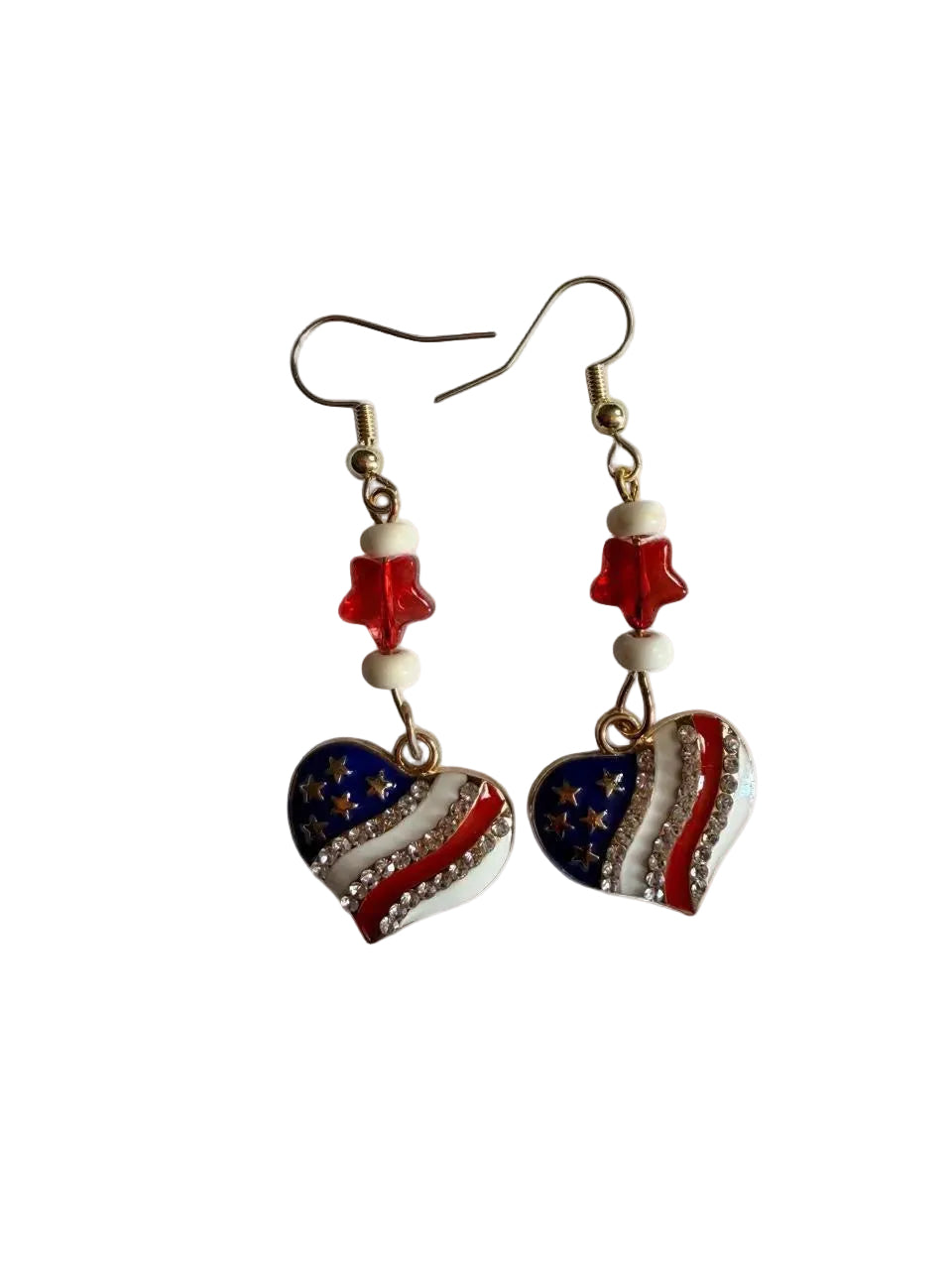 Handmade Patriotic Rhinestone Flag Heart Dangle Earrings | Americana Star Bead Jewelry