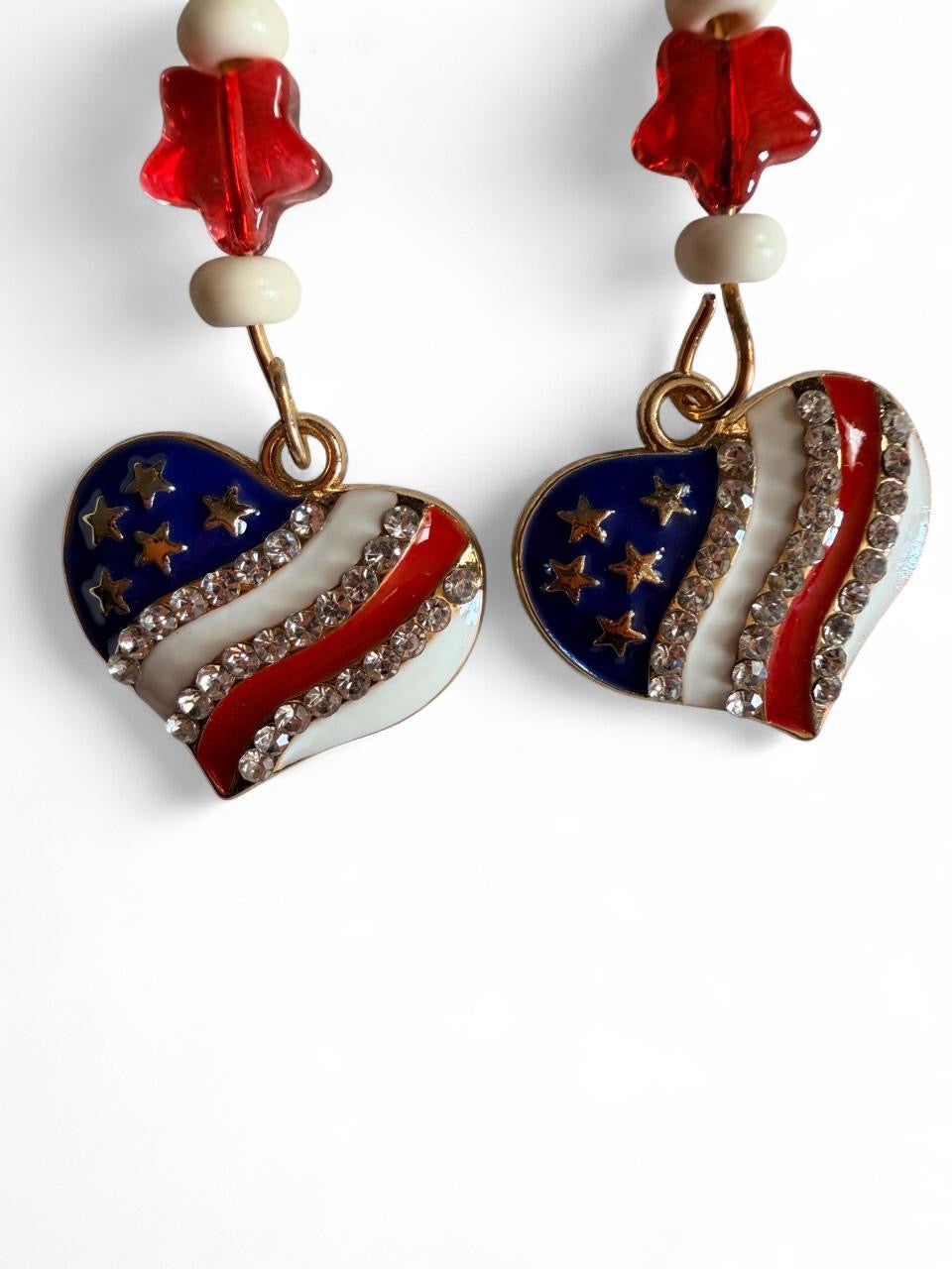 Handmade Patriotic Rhinestone Flag Heart Dangle Earrings | Americana Star Bead Jewelry