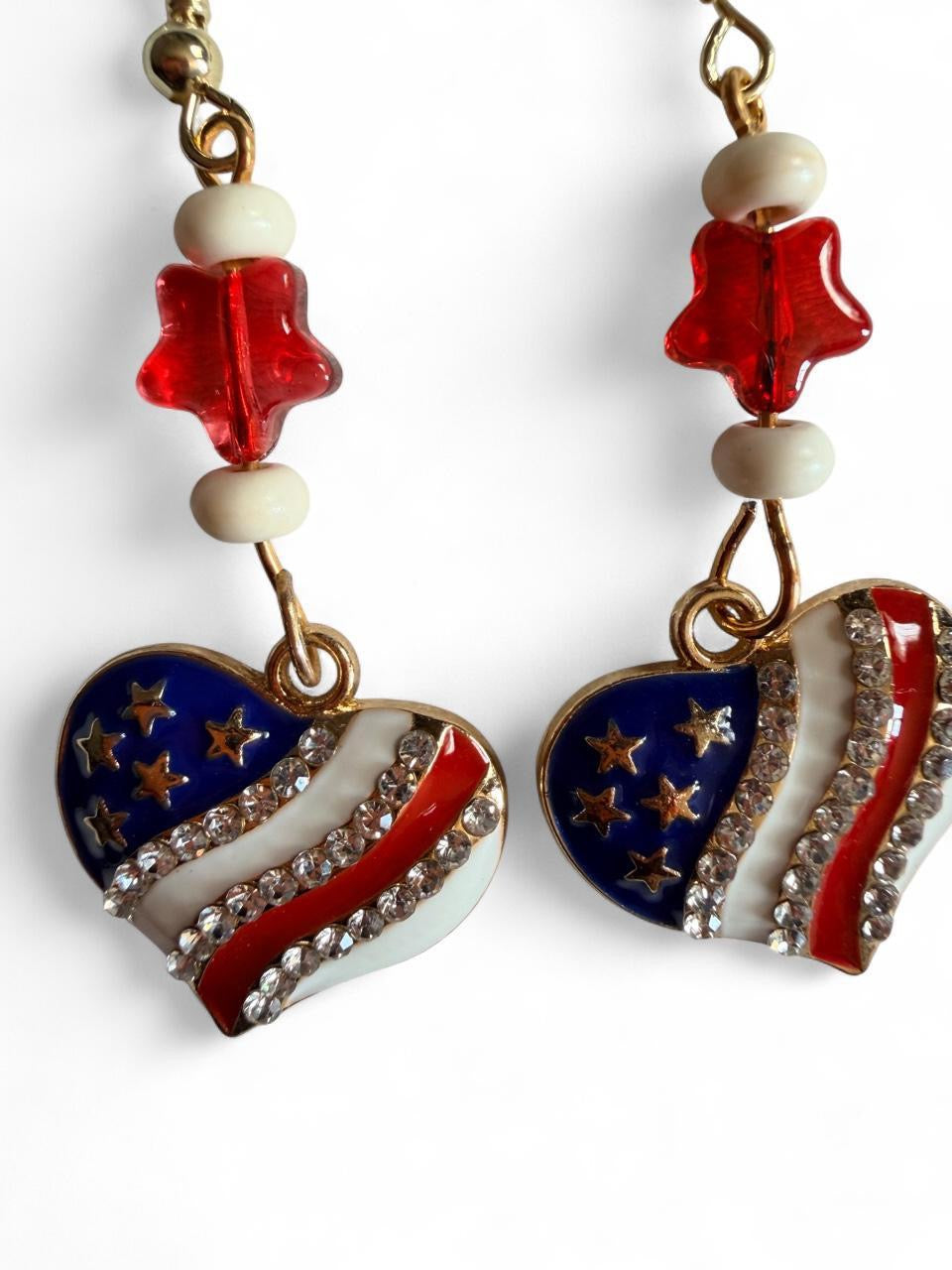 Handmade Patriotic Rhinestone Flag Heart Dangle Earrings | Americana Star Bead Jewelry