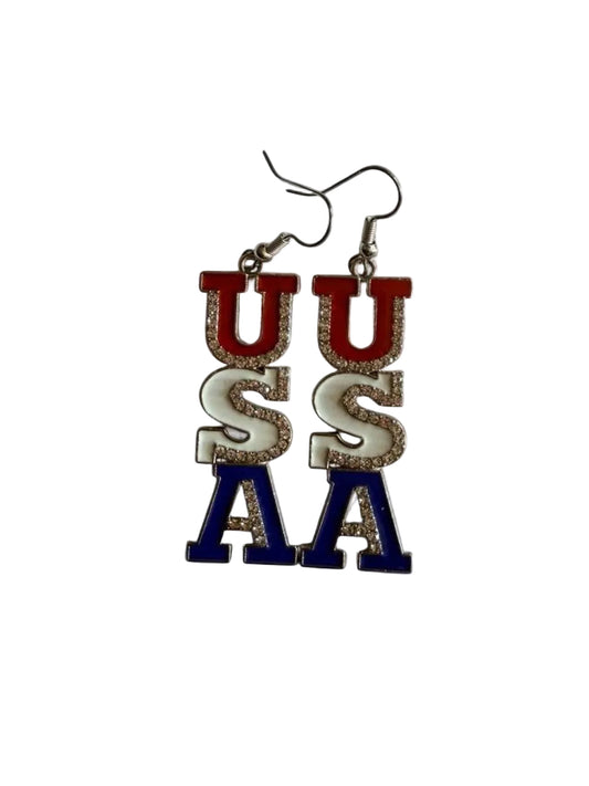 Handmade Patriotic USA Glitter Enamel Dangle Earrings | Red White & Blue Statement Drop