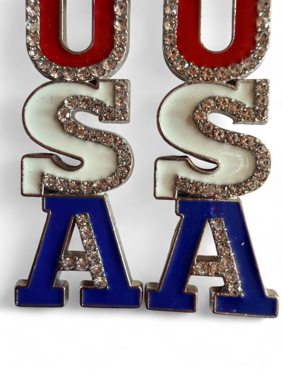 Handmade Patriotic USA Glitter Enamel Dangle Earrings | Red White & Blue Statement Drop