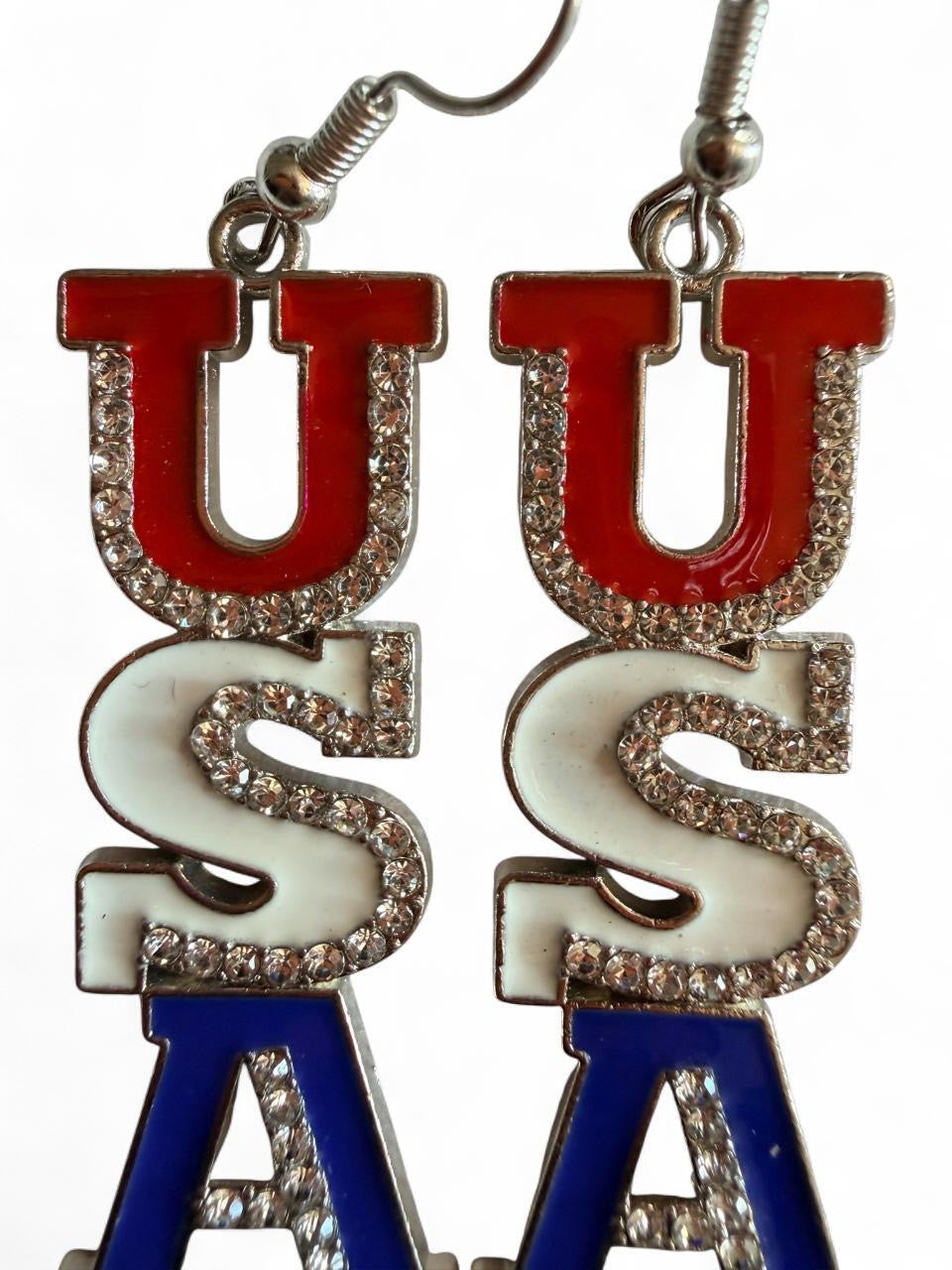 Handmade Patriotic USA Glitter Enamel Dangle Earrings | Red White & Blue Statement Drop