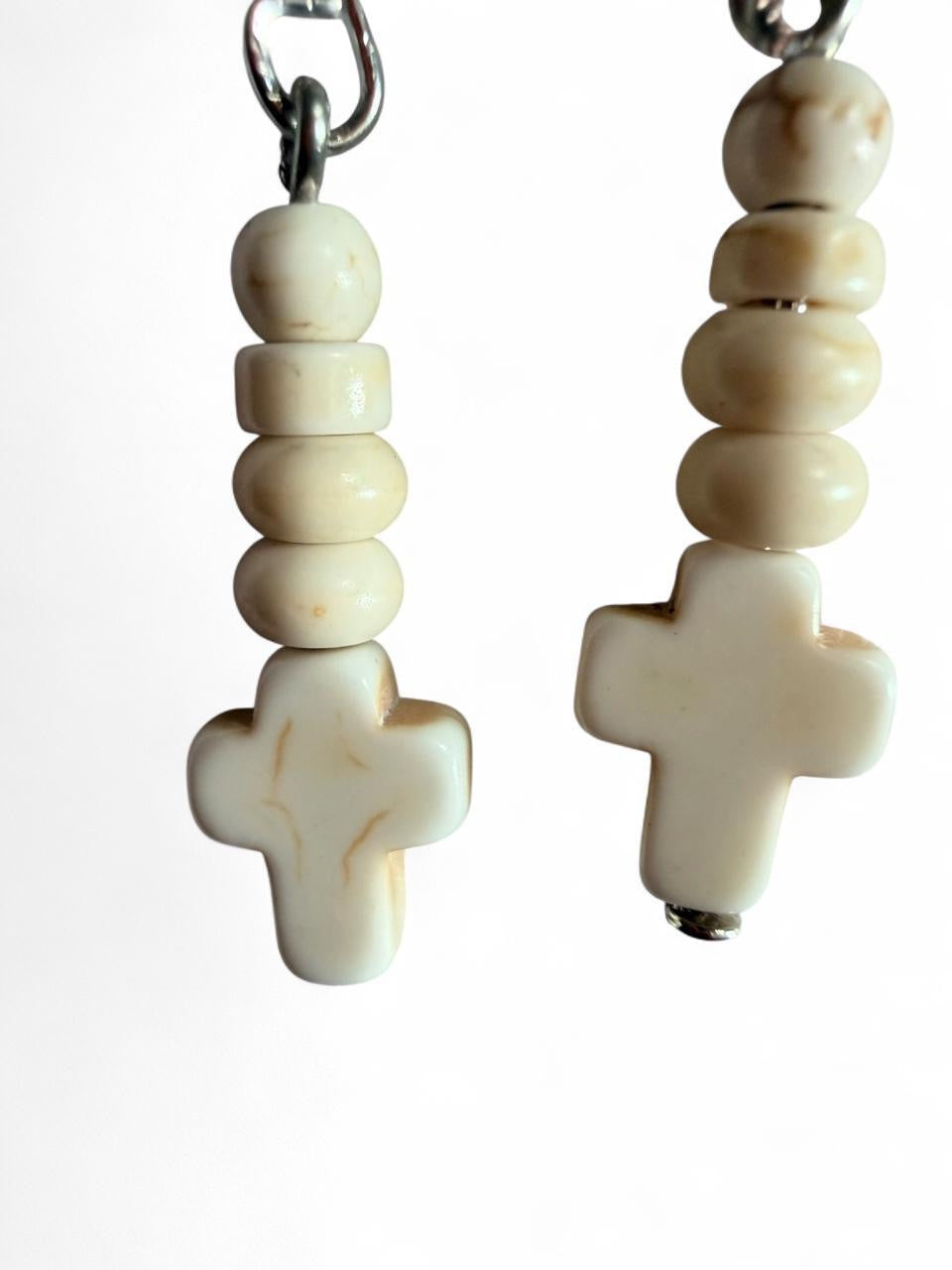 Handmade Cream Faux Howlite Cross Dangle Earrings