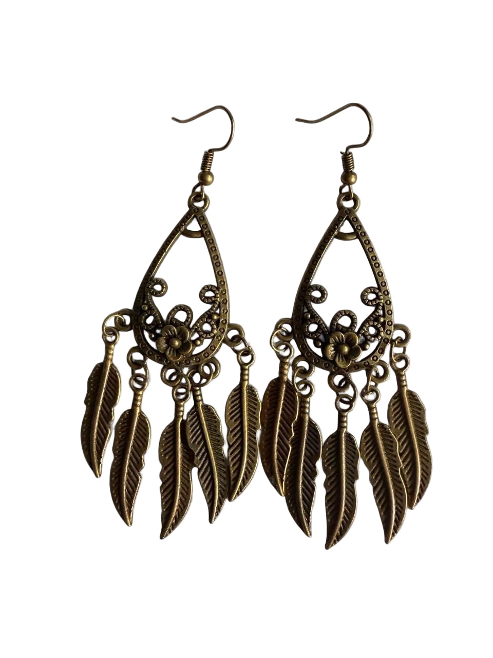 Handmade Antique Bronze Boho Feather Chandelier Earrings