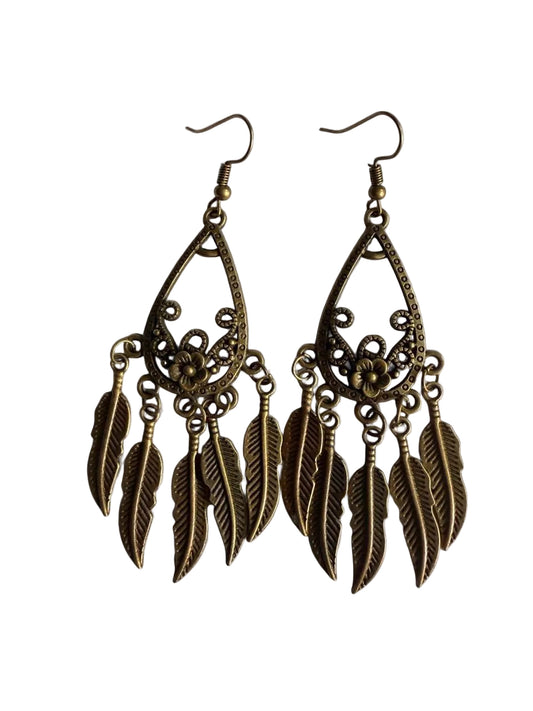 Handmade Antique Bronze Boho Feather Chandelier Earrings