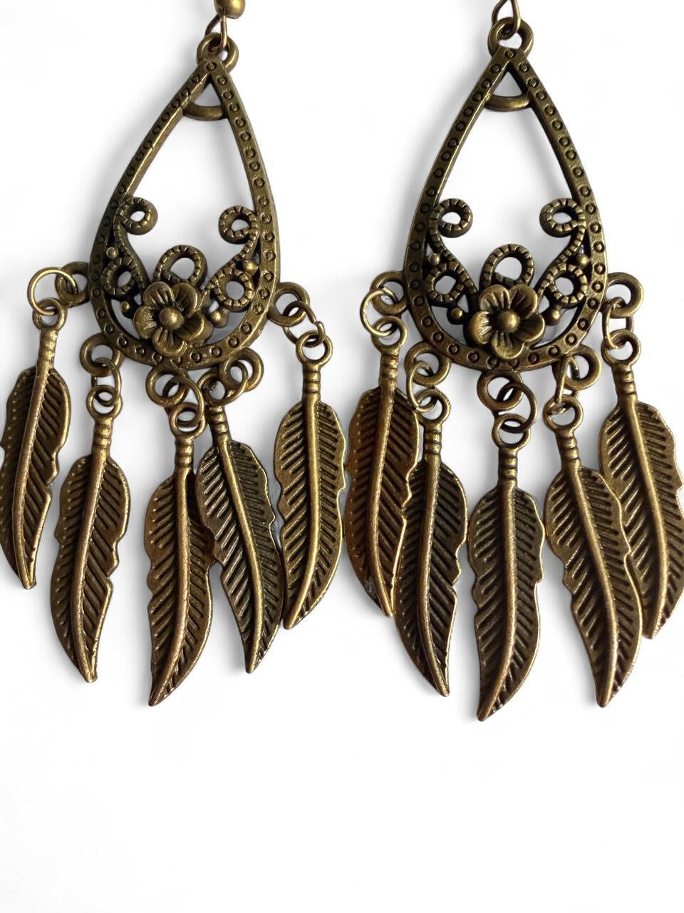 Handmade Antique Bronze Boho Feather Chandelier Earrings