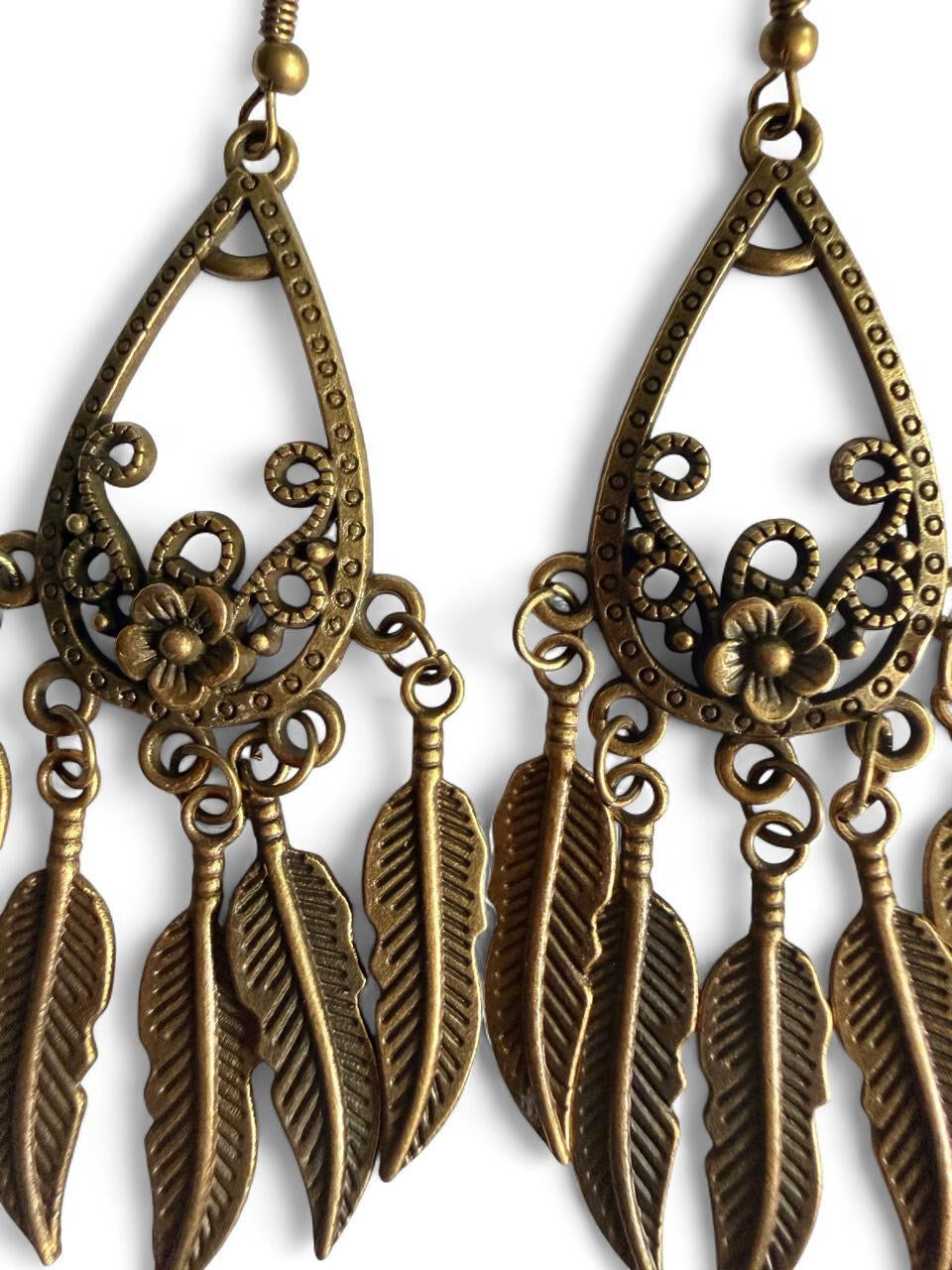 Handmade Antique Bronze Boho Feather Chandelier Earrings