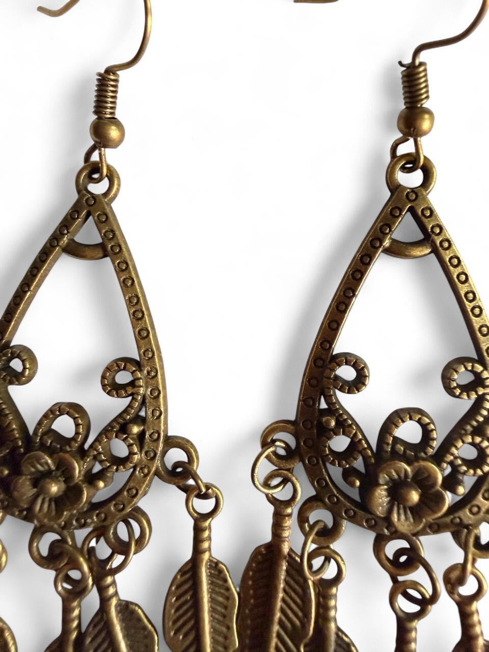 Handmade Antique Bronze Boho Feather Chandelier Earrings