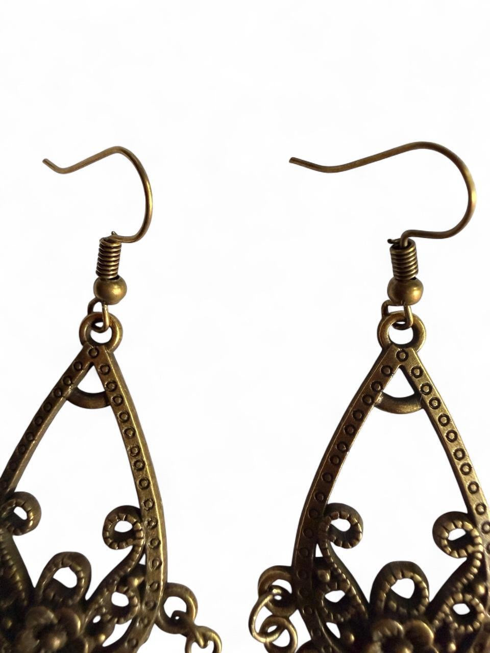 Handmade Antique Bronze Boho Feather Chandelier Earrings