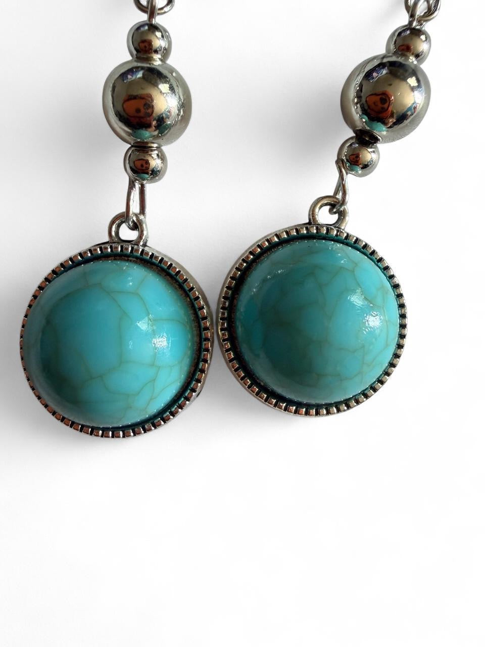 Handmade Turquoise Dangle Earrings | Boho Silver Tone Statement Earrings