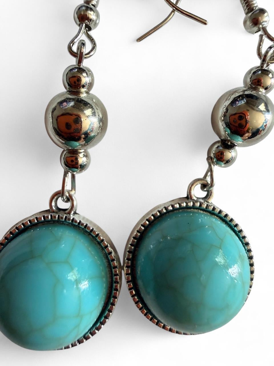 Handmade Turquoise Dangle Earrings | Boho Silver Tone Statement Earrings