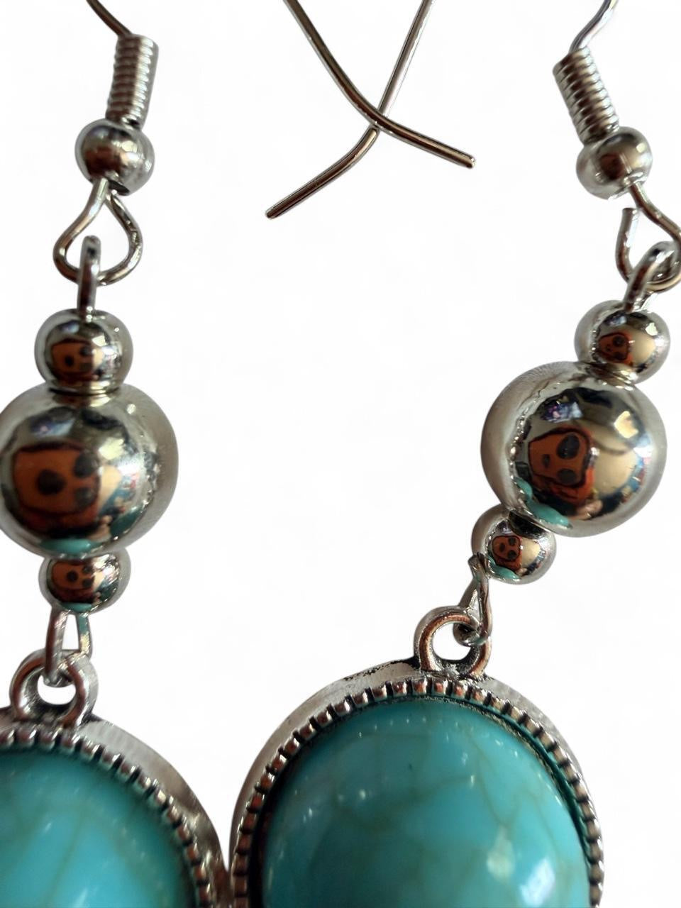 Handmade Turquoise Dangle Earrings | Boho Silver Tone Statement Earrings
