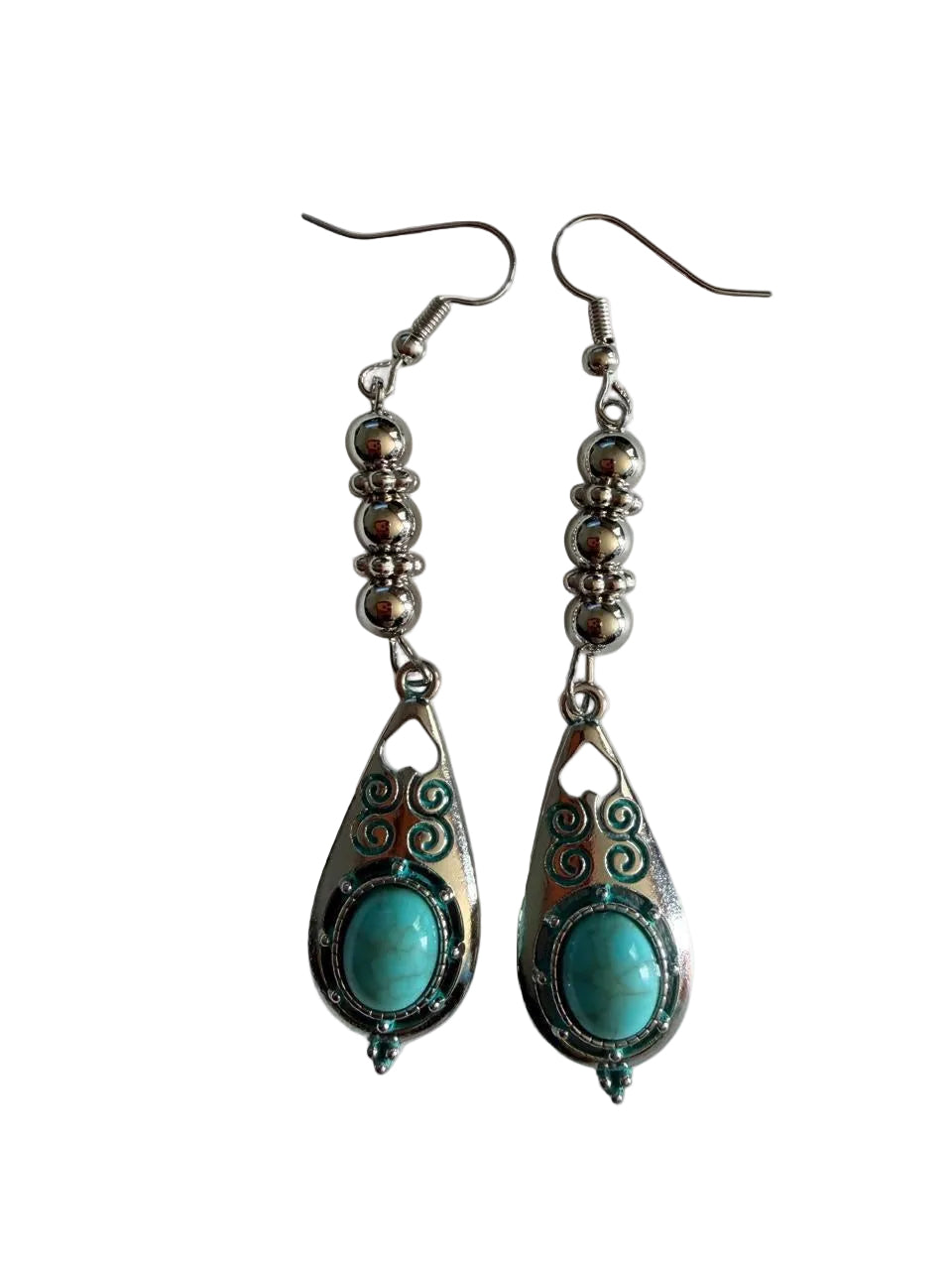 Handmade Turquoise Patina Teardrop Earrings | Boho Silver Statement Earrings