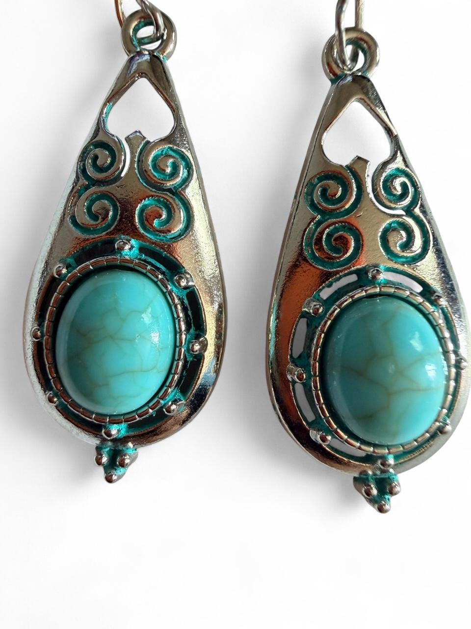 Handmade Turquoise Patina Teardrop Earrings | Boho Silver Statement Earrings