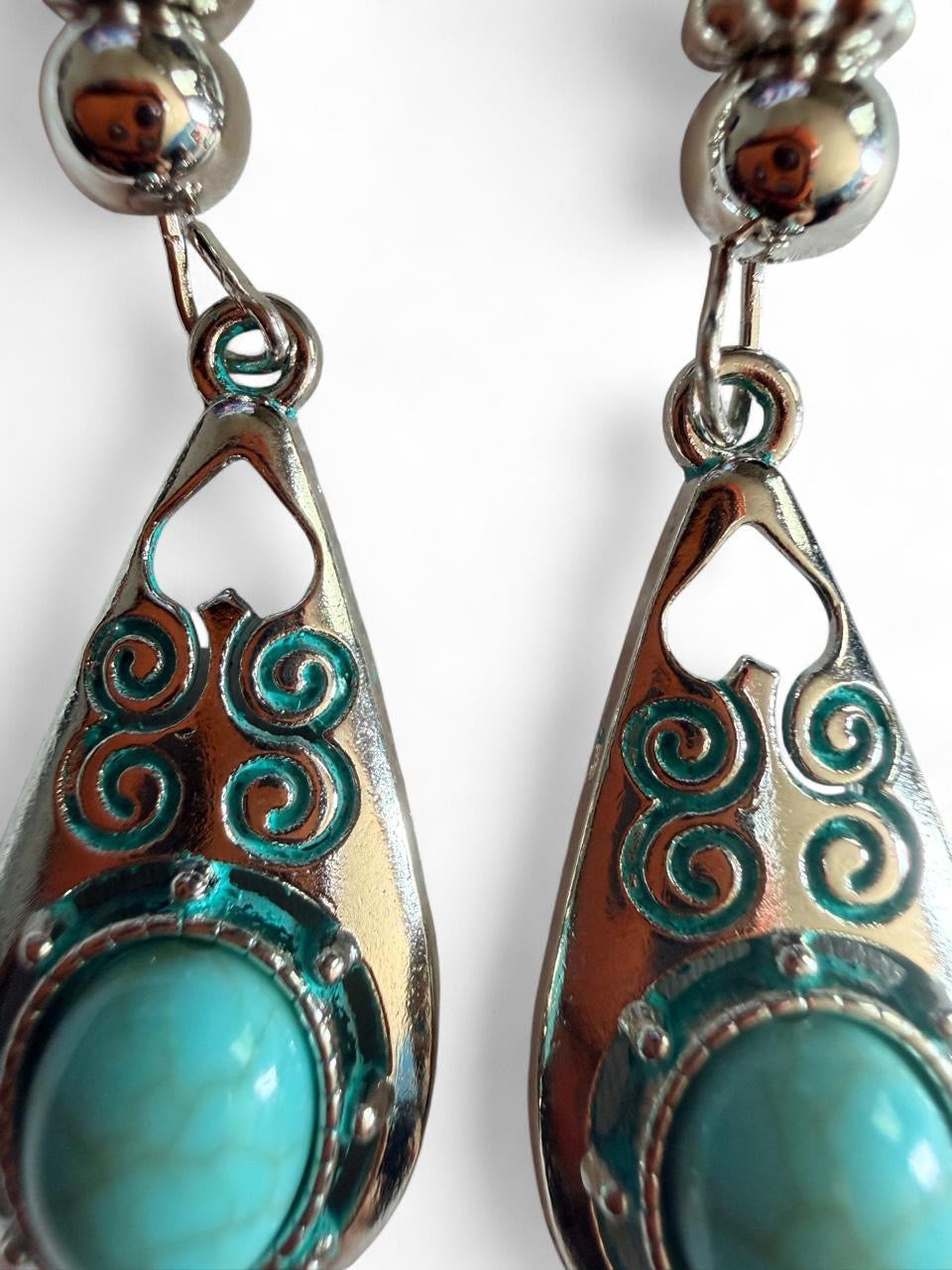 Handmade Turquoise Patina Teardrop Earrings | Boho Silver Statement Earrings