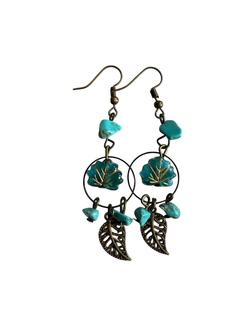 "The Willow" — Handmade Turquoise & Antique Bronze Leaf Hoop Dangle Earrings