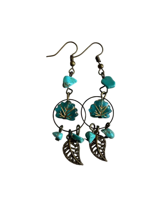 "The Willow" — Handmade Turquoise & Antique Bronze Leaf Hoop Dangle Earrings