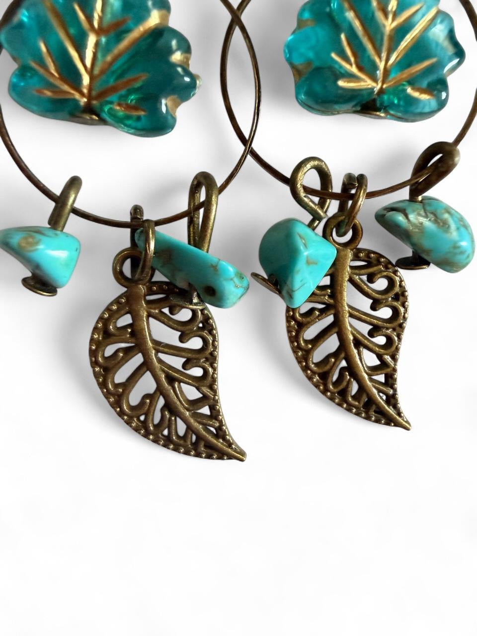 "The Willow" — Handmade Turquoise & Antique Bronze Leaf Hoop Dangle Earrings