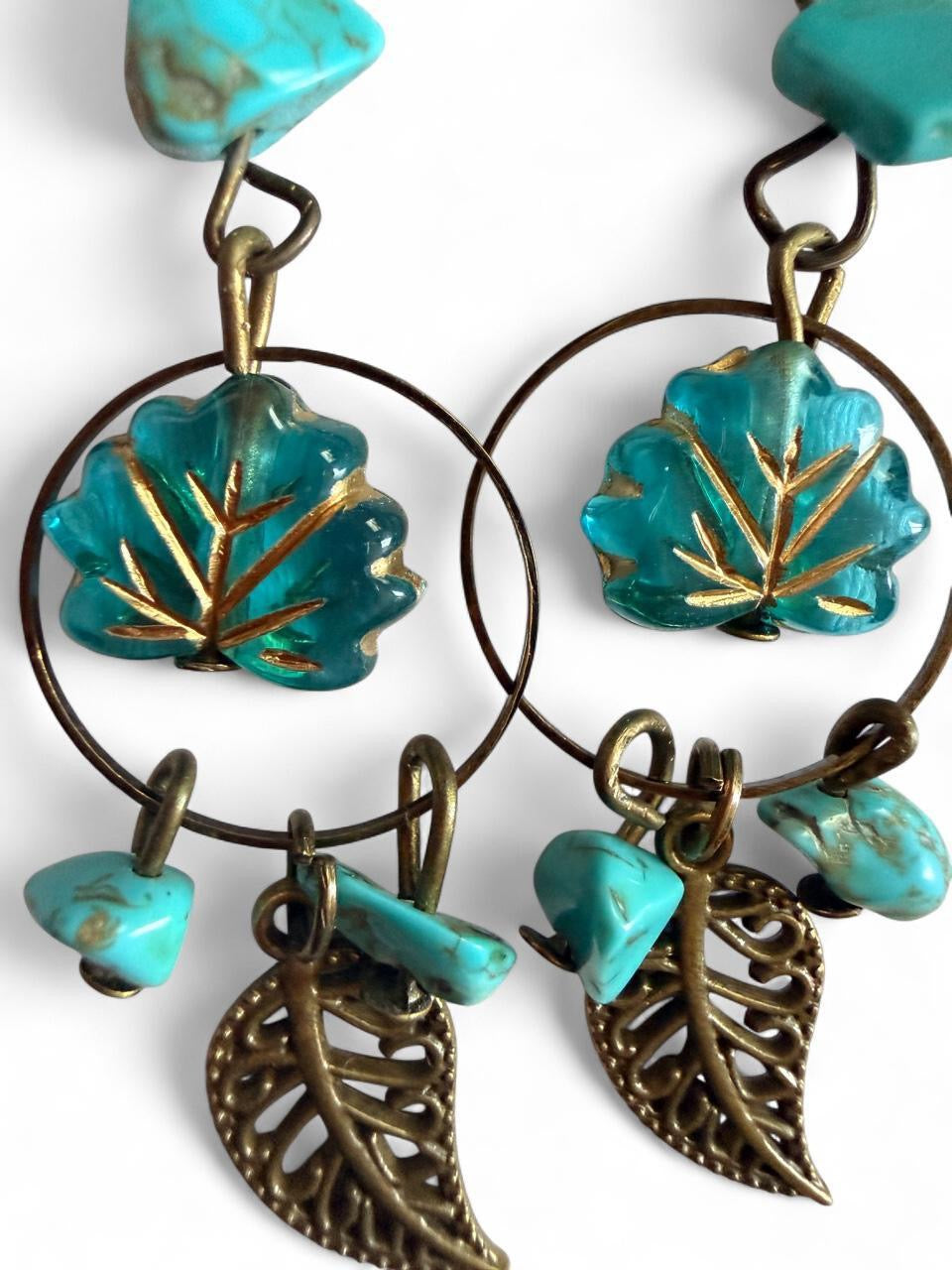 "The Willow" — Handmade Turquoise & Antique Bronze Leaf Hoop Dangle Earrings