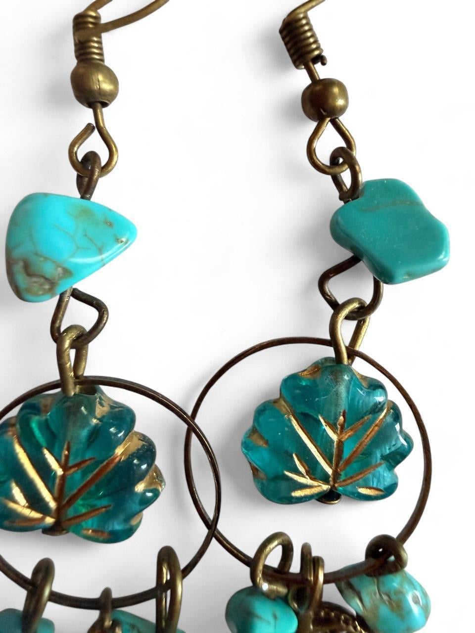 "The Willow" — Handmade Turquoise & Antique Bronze Leaf Hoop Dangle Earrings