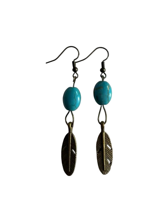 Handmade Antique Bronze & Turquoise Feather Dangle Earrings - Southwestern Boho