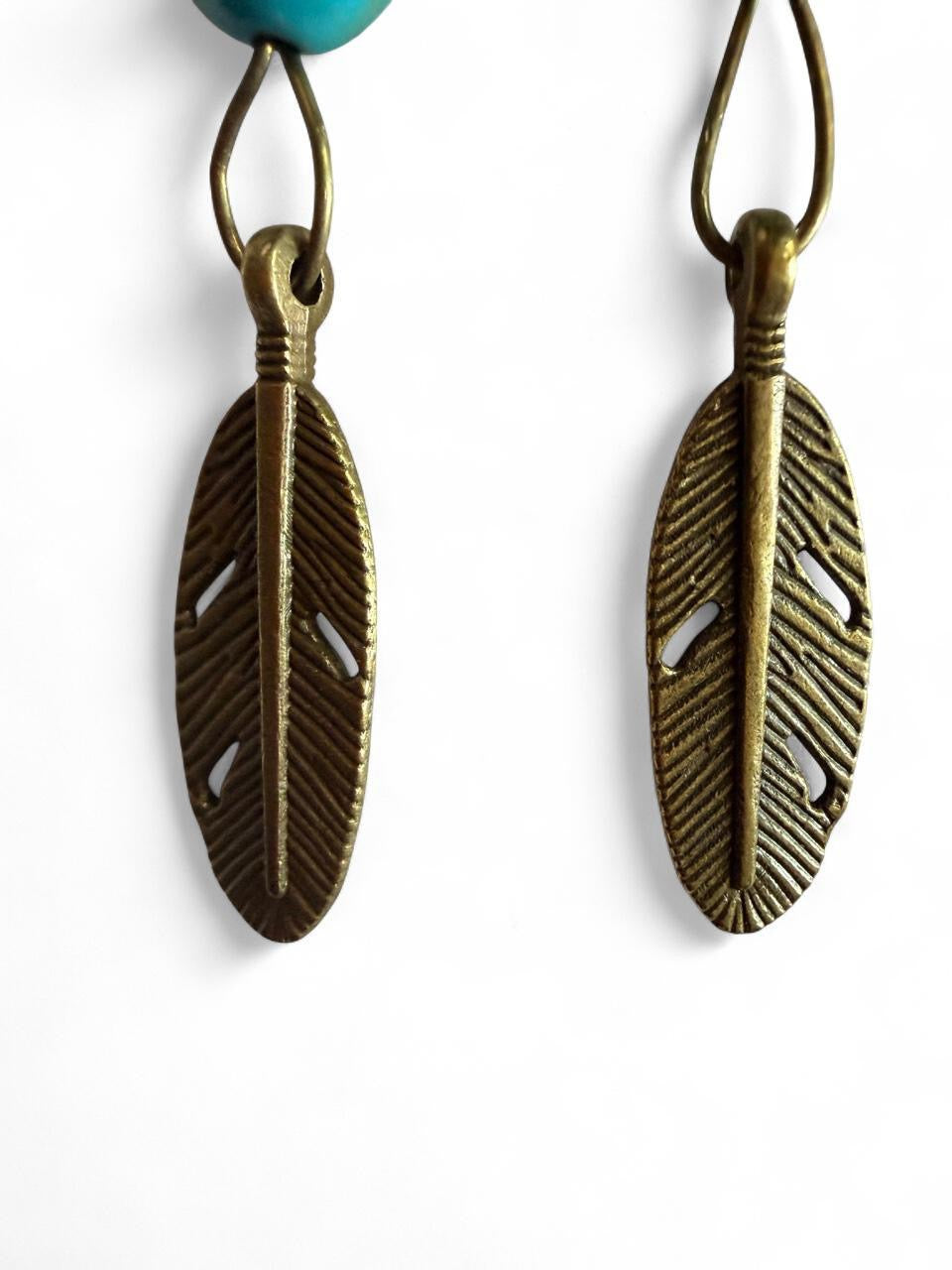 Handmade Antique Bronze & Turquoise Feather Dangle Earrings - Southwestern Boho