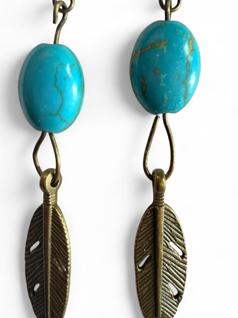 Handmade Antique Bronze & Turquoise Feather Dangle Earrings - Southwestern Boho