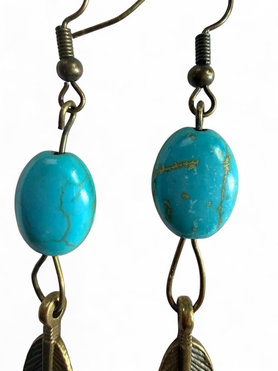 Handmade Antique Bronze & Turquoise Feather Dangle Earrings - Southwestern Boho