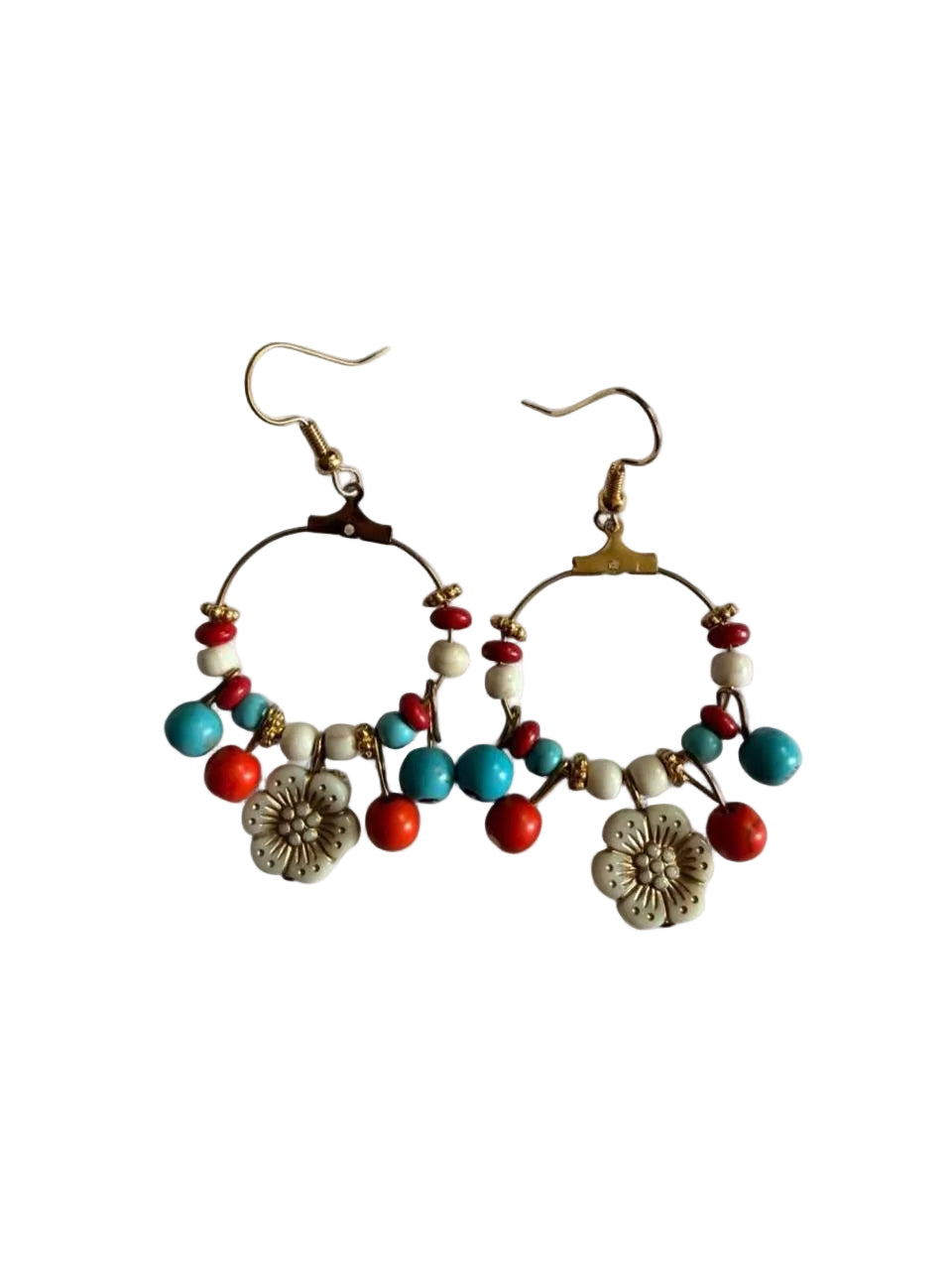 Handmade Southwestern Boho Flower Hoop Earrings – Turquoise & Coral