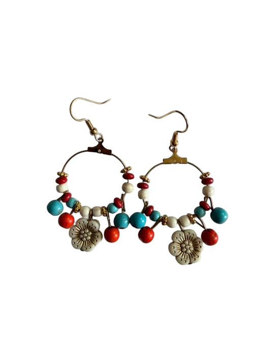 Handmade Southwestern Boho Flower Hoop Earrings – Turquoise & Coral