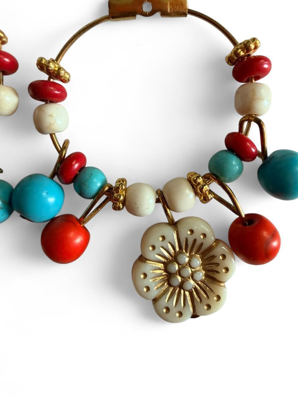 Handmade Southwestern Boho Flower Hoop Earrings – Turquoise & Coral