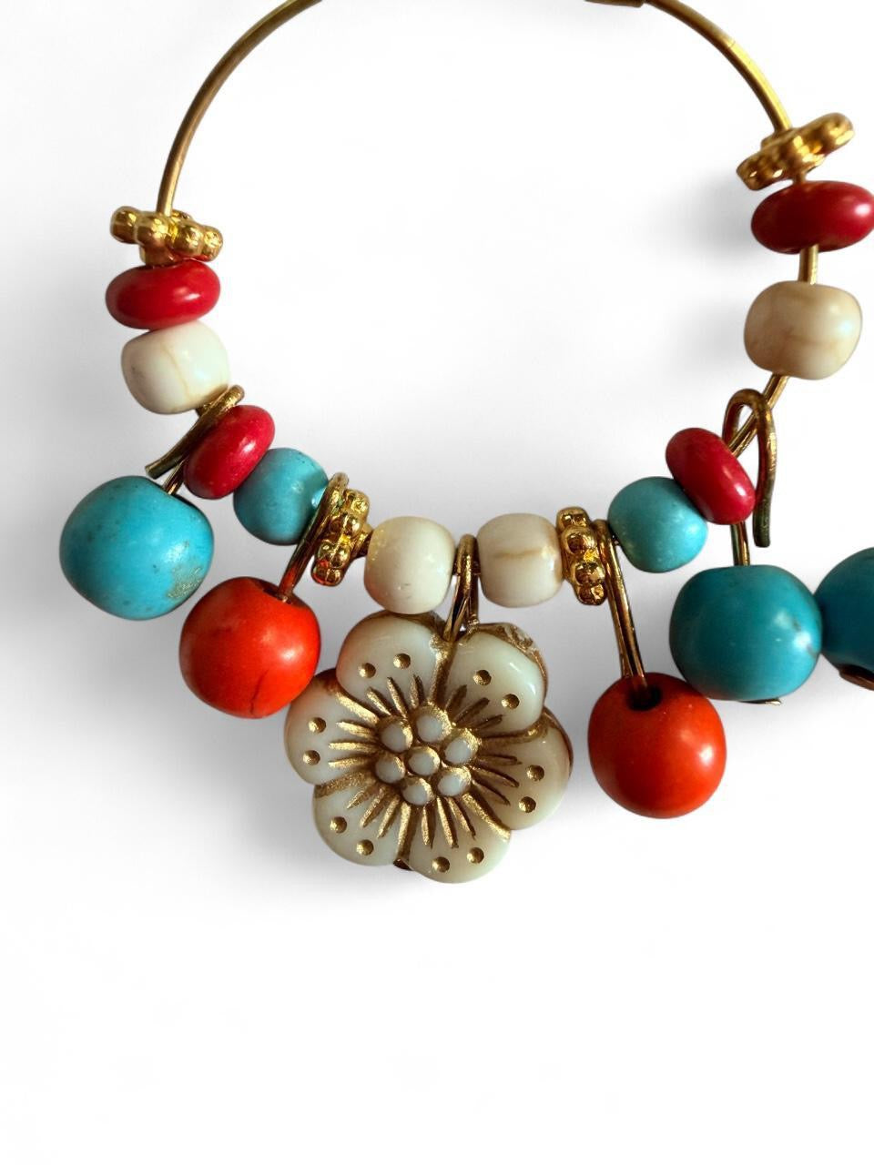 Handmade Southwestern Boho Flower Hoop Earrings – Turquoise & Coral