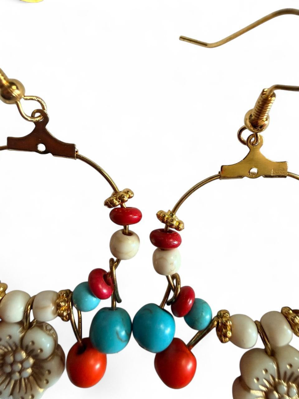Handmade Southwestern Boho Flower Hoop Earrings – Turquoise & Coral