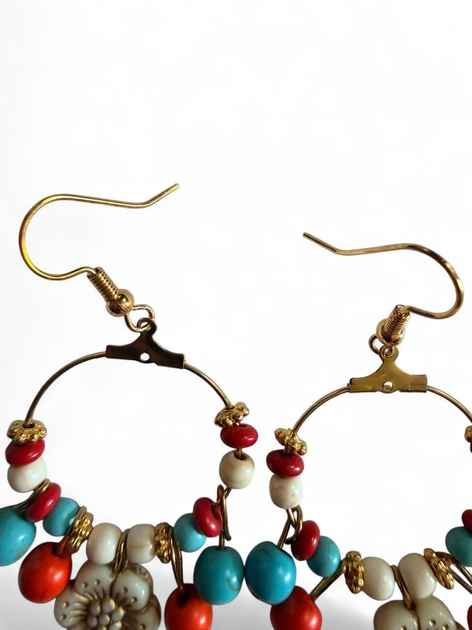 Handmade Southwestern Boho Flower Hoop Earrings – Turquoise & Coral