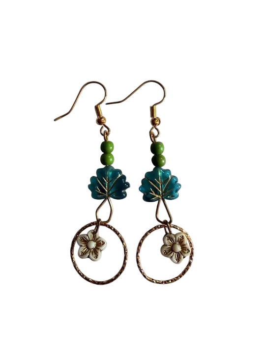 The Horizon Leaf Hoop Earrings - Blue Acrylic & Textured Bronze