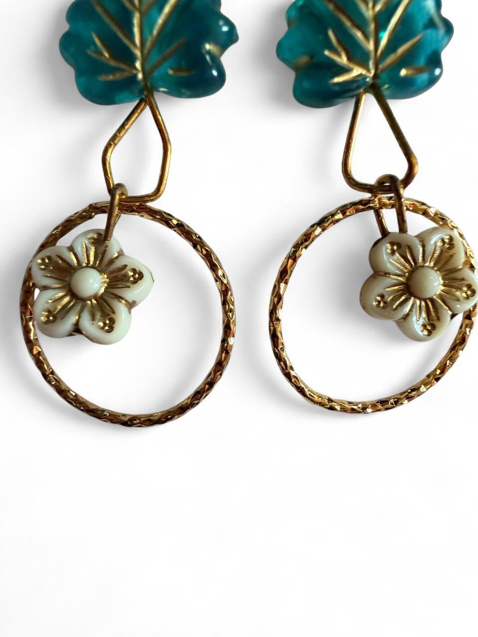 The Horizon Leaf Hoop Earrings - Blue Acrylic & Textured Bronze
