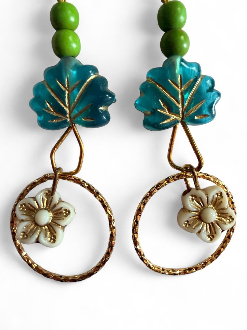The Horizon Leaf Hoop Earrings - Blue Acrylic & Textured Bronze