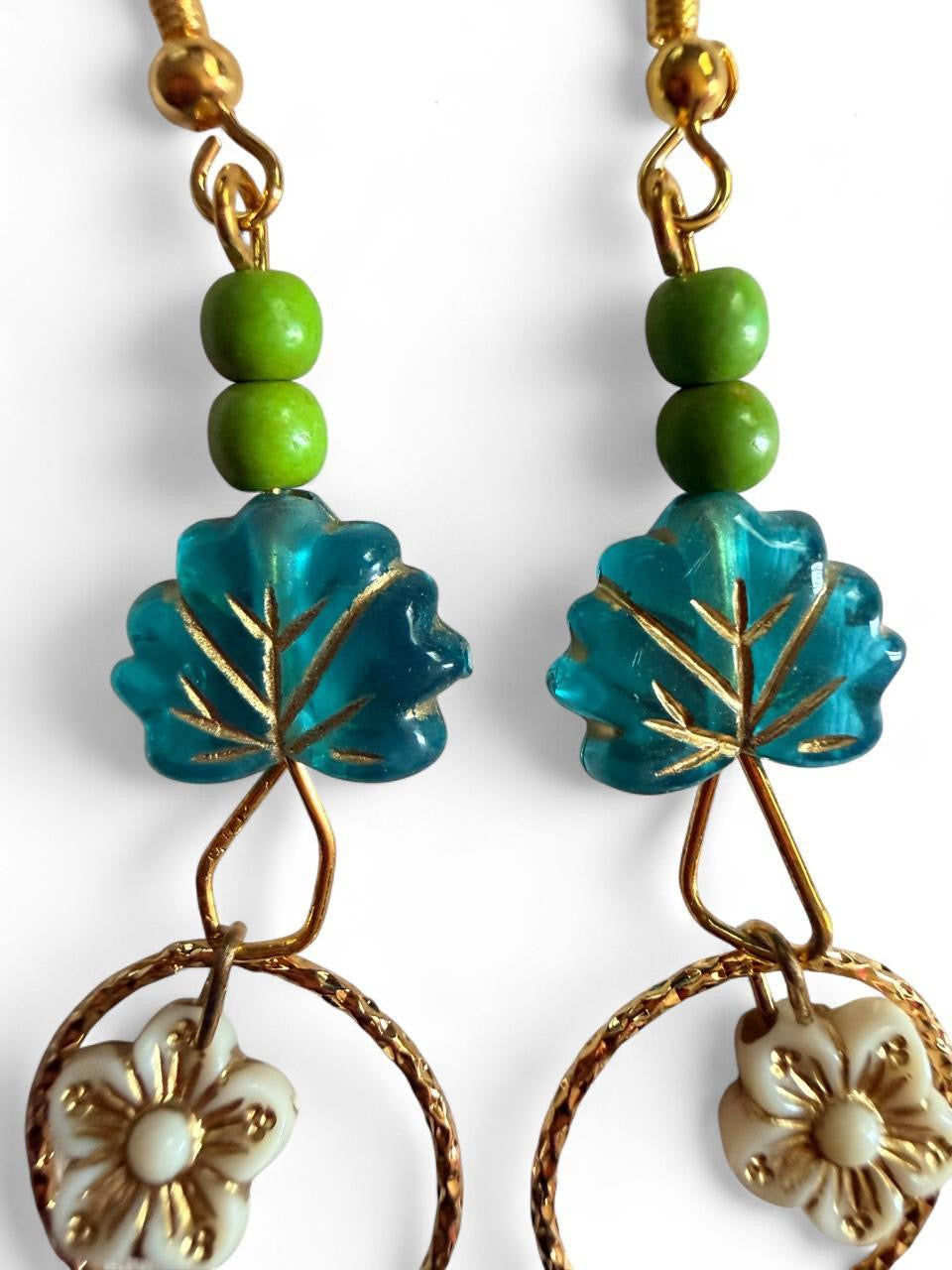 The Horizon Leaf Hoop Earrings - Blue Acrylic & Textured Bronze