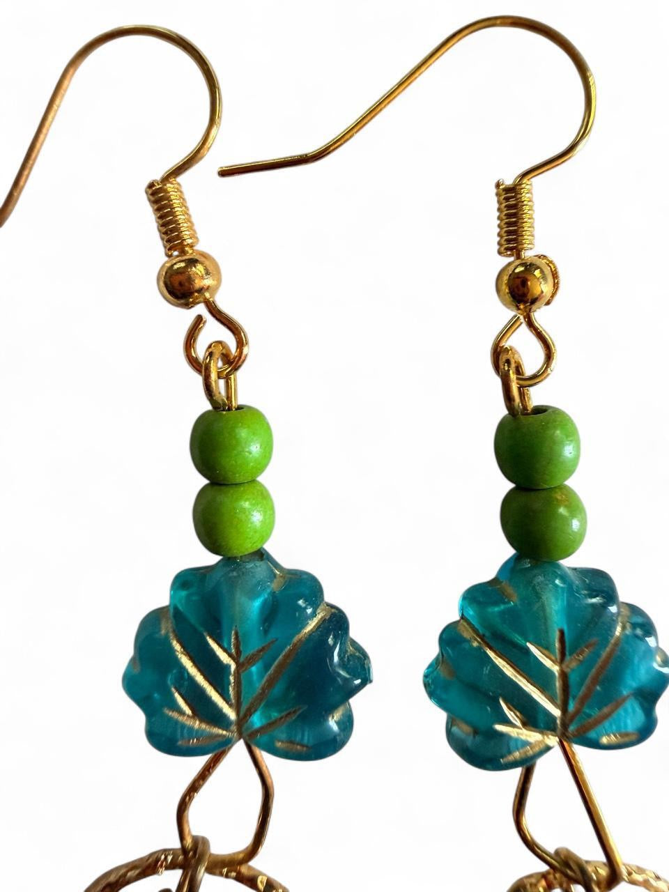 The Horizon Leaf Hoop Earrings - Blue Acrylic & Textured Bronze