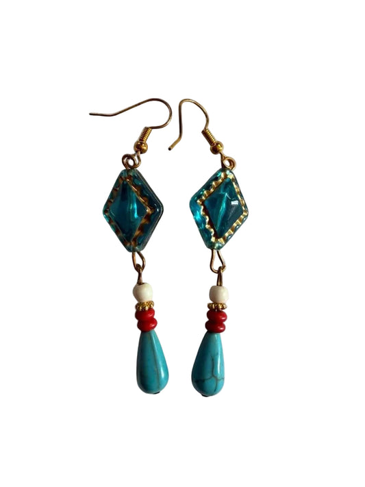 Handmade Southwestern Boho Turquoise Drop Earrings with Gold Etched Blue Accents