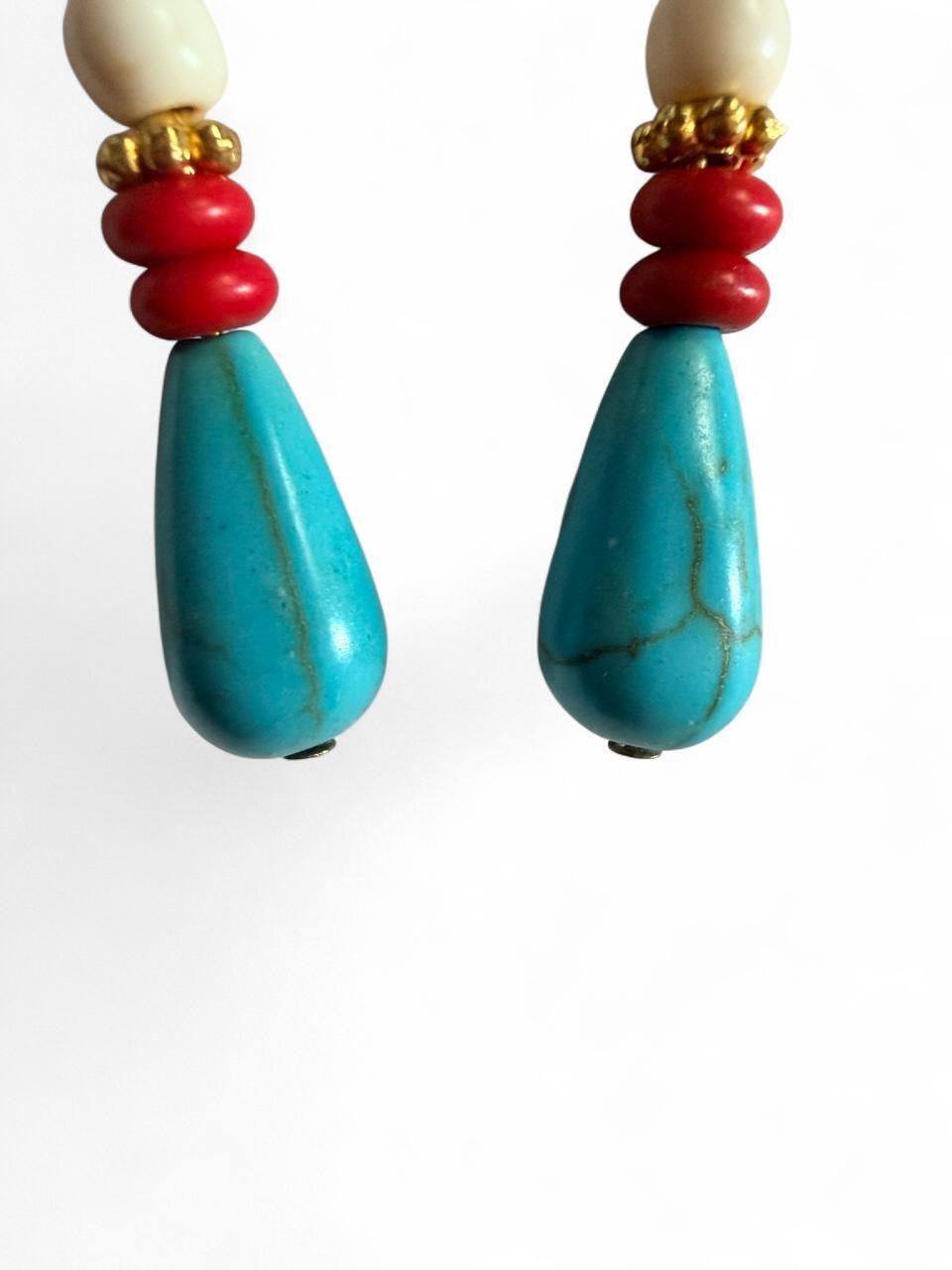 Handmade Southwestern Boho Turquoise Drop Earrings with Gold Etched Blue Accents