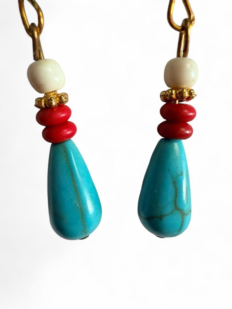 Handmade Southwestern Boho Turquoise Drop Earrings with Gold Etched Blue Accents