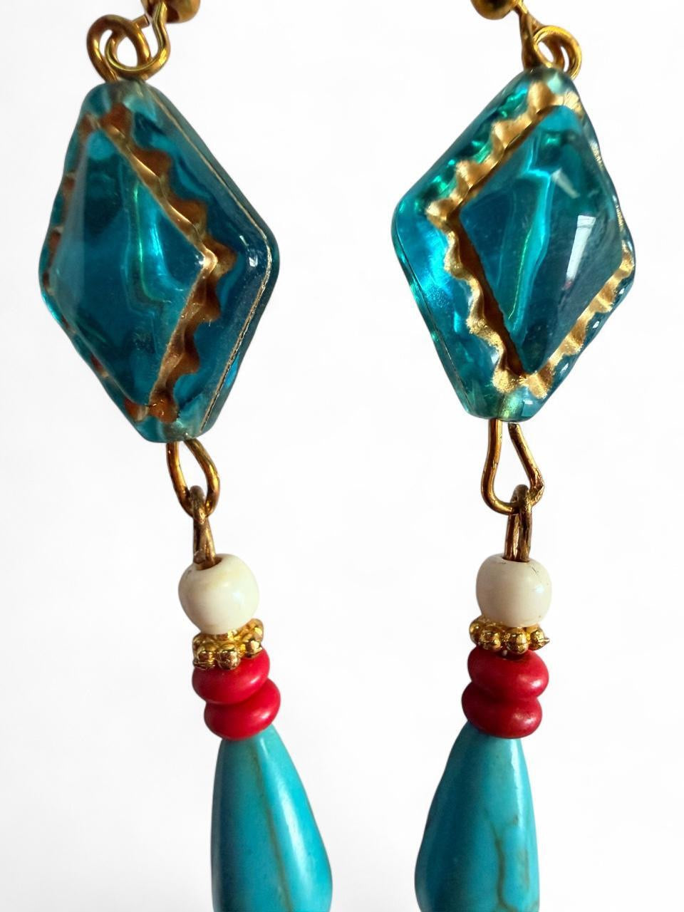 Handmade Southwestern Boho Turquoise Drop Earrings with Gold Etched Blue Accents