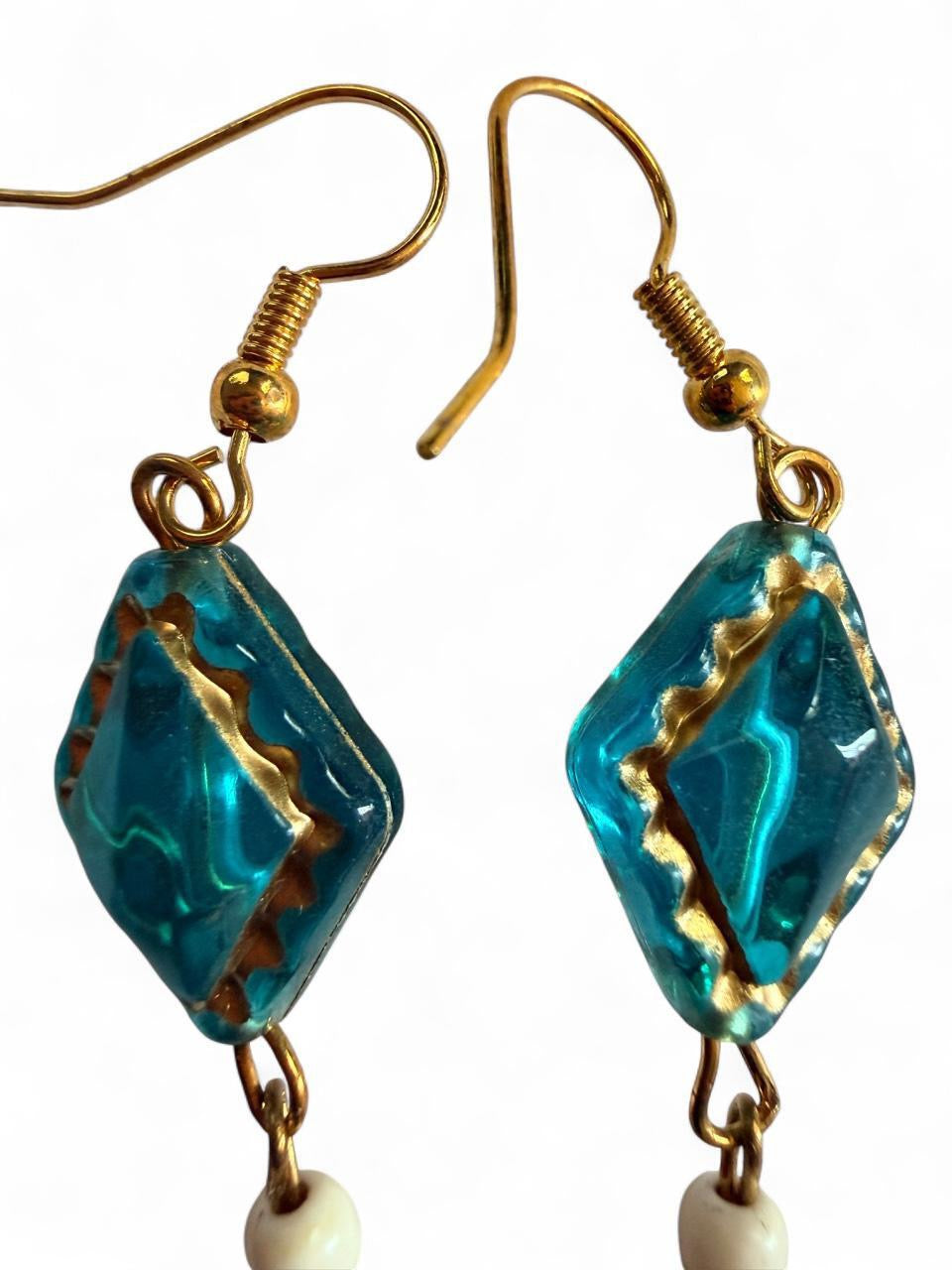 Handmade Southwestern Boho Turquoise Drop Earrings with Gold Etched Blue Accents