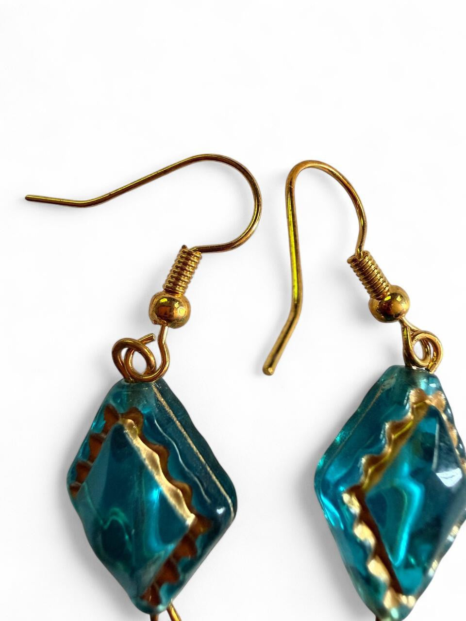 Handmade Southwestern Boho Turquoise Drop Earrings with Gold Etched Blue Accents