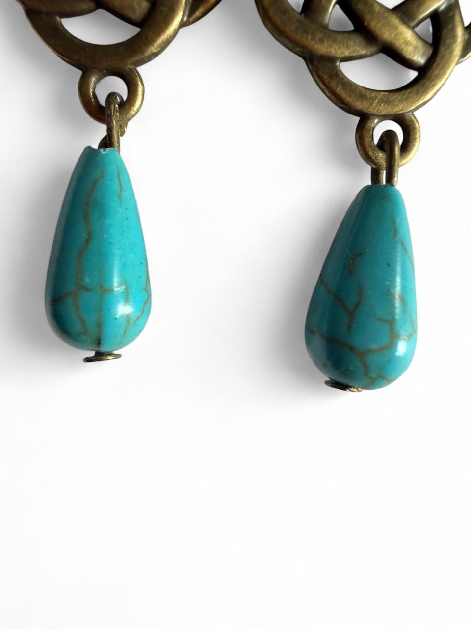 Bronze Celtic Knot & Turquoise Teardrop Dangle Earrings