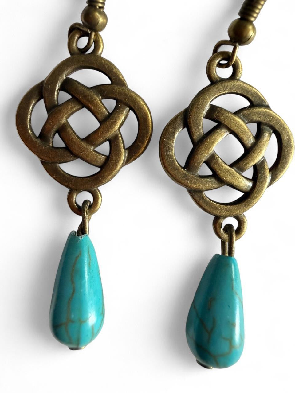 Bronze Celtic Knot & Turquoise Teardrop Dangle Earrings